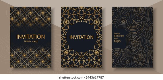 Luxury invitation card background set. Abstract Golden geometric shape, gold line gradient on dark background. Premium design for gala card, grand opening, party invitation, layout, templates.