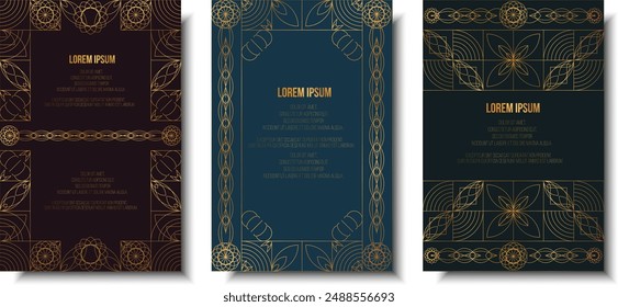 Luxury invitation card background set. Abstract Golden geometric shape, gold line gradient on dark background. Premium design for gala card, grand opening, party invitation, layout, templates.