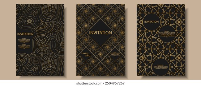 Luxury invitation card background set. Abstract Golden geometric shape, gold line gradient on dark background. Premium design for gala card, grand opening, party invitation, layout, templates.