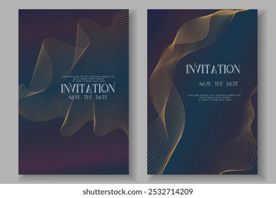 Luxuriöses Einladungskarten-Hintergrundset. Abstrakt Goldene geometrische Form, goldener Linienverlauf auf dunklem Hintergrund. Premium-Design für Galakarte, große Eröffnung, Party-Einladung, Layout, Vorlagen.