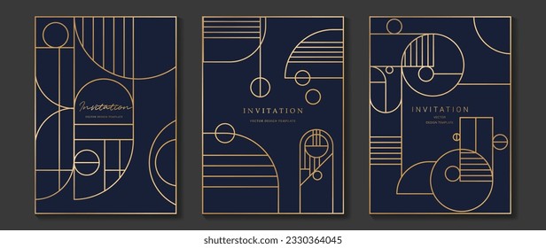 Luxury invitation card background vector. Golden elegant geometric shape, gold lines on blue background. Premium design illustration for wedding and vip cover template, banner, poster, gala, wedding.