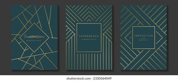 Luxury invitation card background vector. Golden elegant geometric shape, gold lines on green background. Premium design illustration for wedding and vip cover template, banner, poster, gala, wedding.