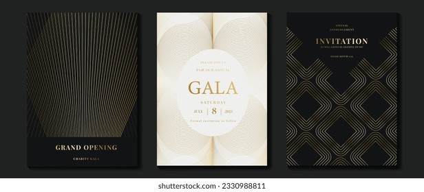 Luxury invitation card background vector. Golden curve elegant, gold lines gradient on dark and light background. Premium design illustration for gala card, grand opening, party invitation, wedding.