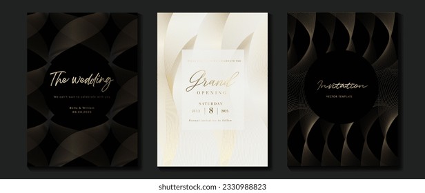 Luxury invitation card background vector. Golden curve elegant, gold lines gradient on dark and light background. Premium design illustration for gala card, grand opening, party invitation, wedding.