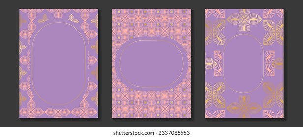 Luxury invitation card background vector. Golden elegant geometric shape, gold lines gradient on purple background. Premium design illustration for gala card, grand opening, party invitation, wedding.