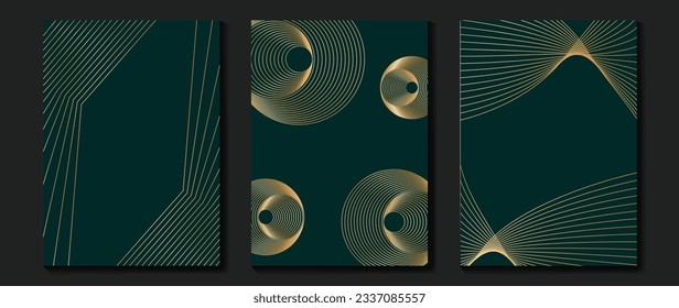 Luxury invitation card background vector. Golden elegant geometric shape, gold lines gradient on green background. Premium design illustration for gala card, grand opening, party invitation, wedding.