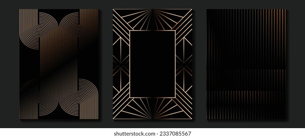 Luxury invitation card background vector. Golden elegant geometric shape, gold lines gradient on dark background. Premium design illustration for gala card, grand opening, party invitation, wedding.
