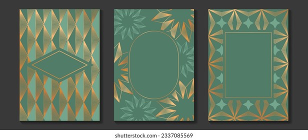 Luxury invitation card background vector. Golden elegant geometric shape, gold lines gradient on green background. Premium design illustration for gala card, grand opening, party invitation, wedding.