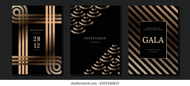 Vector de fondo de tarjeta de invitación de lujo. Curva dorada elegante, líneas doradas gradiente sobre fondo de color oscuro. Ilustración de diseño premium para tarjeta de gala, gran abertura, invitación a fiesta, boda.