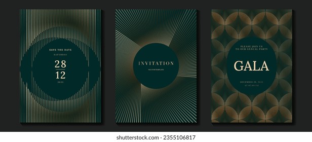 Luxury invitation card background vector. Golden curve elegant, gold lines gradient on dark green color background. Premium design illustration for gala card, grand opening, party invitation, wedding.