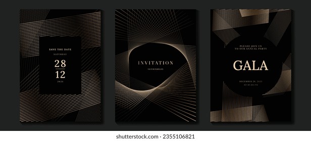 Luxury invitation card background vector. Golden curve elegant, gold lines gradient on dark color background. Premium design illustration for gala card, grand opening, party invitation, wedding.