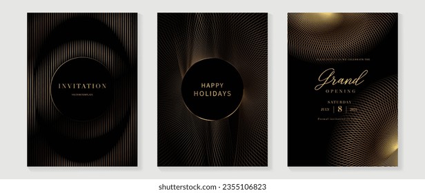 Luxury invitation card background vector. Golden curve elegant, gold lines gradient on dark color background. Premium design illustration for gala card, grand opening, party invitation, wedding.