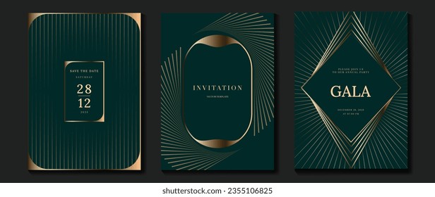 Luxury invitation card background vector. Golden curve elegant, gold lines gradient on dark green color background. Premium design illustration for gala card, grand opening, party invitation, wedding.