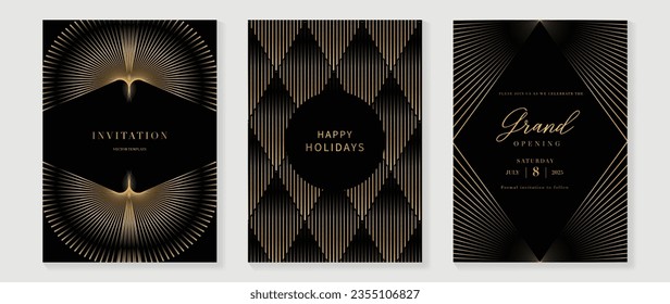 Vector de fondo de tarjeta de invitación de lujo. Curva dorada elegante, líneas doradas gradiente sobre fondo de color oscuro. Ilustración de diseño premium para tarjeta de gala, gran abertura, invitación a fiesta, boda.