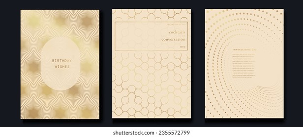 Luxury invitation card background vector. Golden curve elegant, gold line, dots gradient on light color background. Premium design illustration for gala card, grand opening, party invitation, wedding.