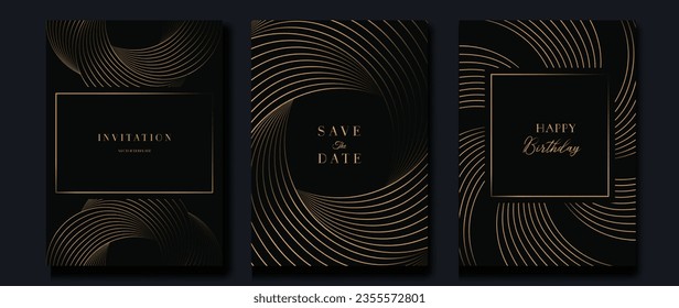 Luxury invitation card background vector. Golden curve elegant, gold line gradient on dark color background. Premium design illustration for gala card, grand opening, party invitation, wedding.