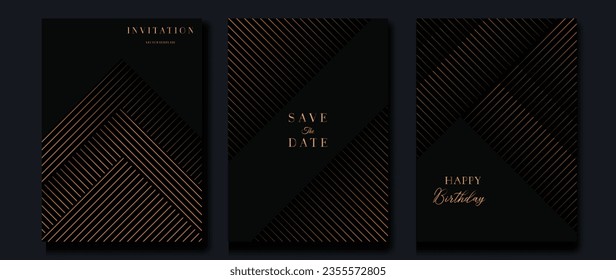 Vector de fondo de tarjeta de invitación de lujo. Curva dorada elegante, gradiente de línea dorada sobre fondo de color oscuro. Ilustración de diseño premium para tarjeta de gala, gran abertura, invitación a fiesta, boda.