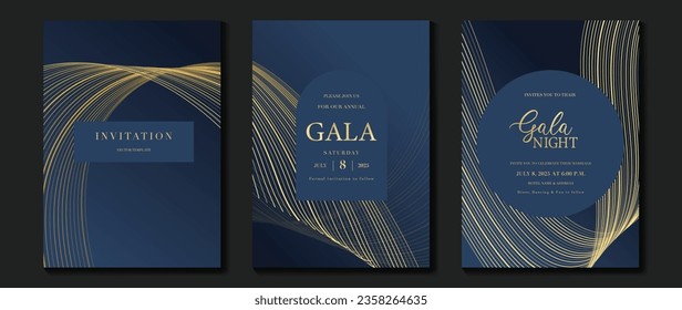 Luxury invitation card background vector. Golden curve elegant, gold line gradient on dark blue color background. Premium design illustration for gala card, grand opening, party invitation, wedding.