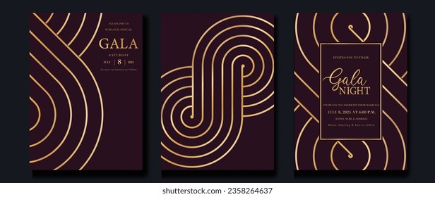Luxury invitation card background vector. Golden curve elegant, gold line gradient on red color background. Premium design illustration for gala card, grand opening, party invitation, wedding.