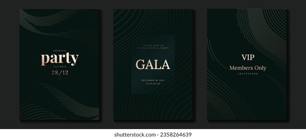 Luxury invitation card background vector. Golden curve elegant, gold line gradient on dark green color background. Premium design illustration for gala card, grand opening, party invitation, wedding.