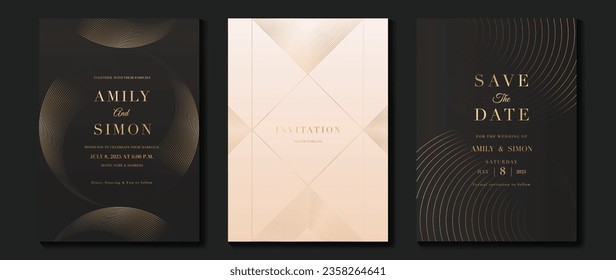 Vector de fondo de tarjeta de invitación de lujo. Curva dorada elegante, gradiente de línea dorada sobre fondo de color oscuro y claro. Ilustración de diseño premium para gala, gran apertura, invitación a fiesta, boda.