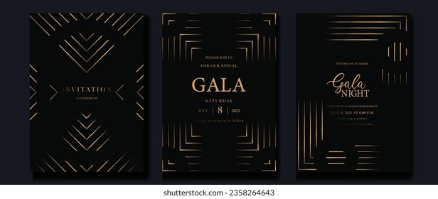 Luxury invitation card background vector. Golden curve elegant, gold line gradient on dark color background. Premium design illustration for gala card, grand opening, party invitation, wedding.