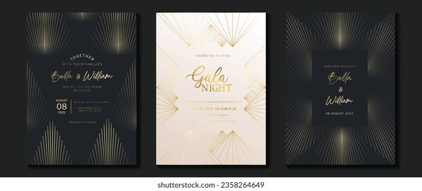 Vector de fondo de tarjeta de invitación de lujo. Curva dorada elegante, gradiente de línea dorada sobre fondo de color oscuro y claro. Ilustración de diseño premium para gala, gran apertura, invitación a fiesta, boda.