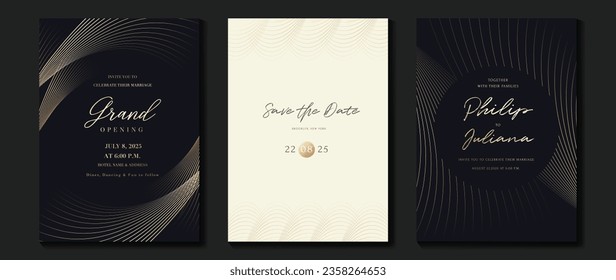 Luxury invitation card background vector. Golden curve elegant, gold line gradient on dark and light color background. Premium design illustration for gala, grand opening, party invitation, wedding.