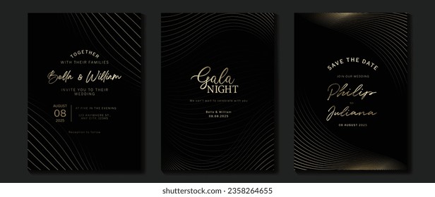 Luxury invitation card background vector. Golden curve elegant, gold line gradient on dark color background. Premium design illustration for gala card, grand opening, party invitation, wedding.