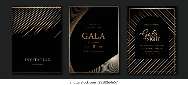 Luxury invitation card background vector. Golden curve elegant, gold line gradient on dark color background. Premium design illustration for gala card, grand opening, party invitation, wedding.