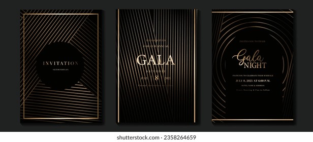 Vector de fondo de tarjeta de invitación de lujo. Curva dorada elegante, gradiente de línea dorada sobre fondo de color oscuro. Ilustración de diseño premium para tarjeta de gala, gran abertura, invitación a fiesta, boda.