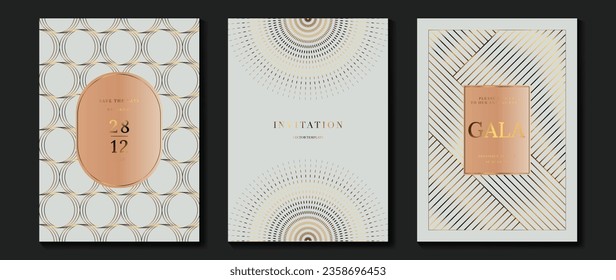 Vector de fondo de tarjeta de invitación de lujo. Curva dorada elegante, gradiente de líneas doradas sobre fondo de color claro. Ilustración de diseño premium para tarjeta de gala, gran abertura, invitación a fiesta, boda.