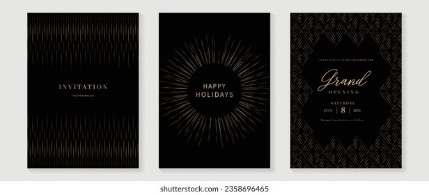 Vector de fondo de tarjeta de invitación de lujo. Curva dorada elegante, gradiente de línea dorada sobre fondo de color oscuro. Ilustración de diseño premium para tarjeta de gala, gran abertura, invitación a fiesta, boda.