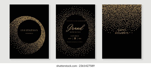 Luxury invitation card background vector. Golden curve elegant, gold dots gradient on dark color background. Premium design illustration for gala card, grand opening, party invitation, wedding.