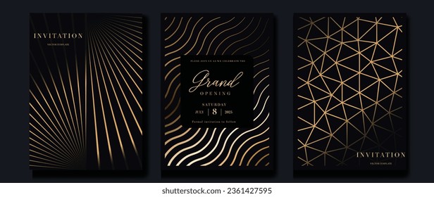 Luxury invitation card background vector. Golden curve elegant, gold line gradient on dark color background. Premium design illustration for gala card, grand opening, party invitation, wedding.