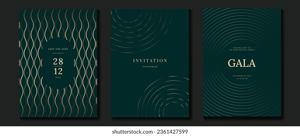 Vector de fondo de tarjeta de invitación de lujo. Curva dorada elegante, gradiente de línea dorada sobre fondo de color verde. Ilustración de diseño premium para tarjeta de gala, gran abertura, invitación a fiesta, boda.