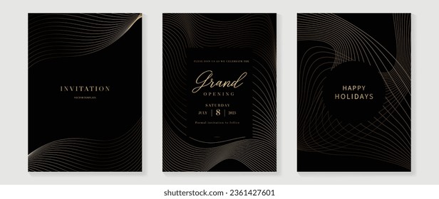 Luxury invitation card background vector. Golden curve elegant, gold line gradient on dark color background. Premium design illustration for gala card, grand opening, party invitation, wedding.