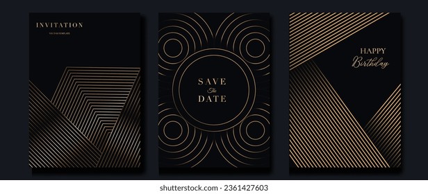 Luxury invitation card background vector. Golden curve elegant, gold line gradient on dark color background. Premium design illustration for gala card, grand opening, party invitation, wedding.