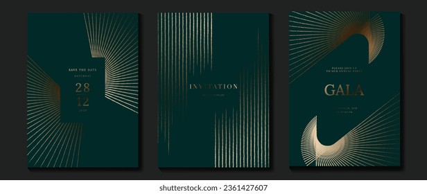 Luxury invitation card background vector. Golden curve elegant, gold line gradient on green color background. Premium design illustration for gala card, grand opening, party invitation, wedding.