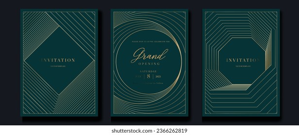 Luxury invitation card background vector. Golden elegant geometric shape, gold lines gradient on green background. Premium design illustration for gala card, grand opening, party invitation, wedding.