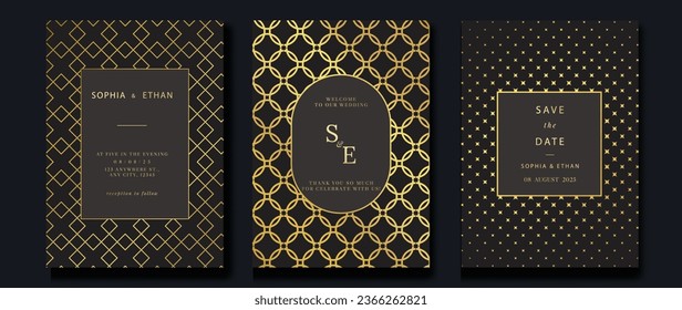 Luxury invitation card background vector. Golden elegant geometric shape, gold lines gradient on brown background. Premium design illustration for gala card, grand opening, party invitation, wedding.