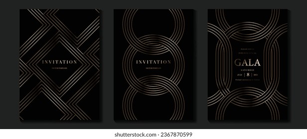 Luxuriöse Einladungskarte, Hintergrund, Vektorgrafik. Goldenes, elegantes geometrisches Muster, goldene Linie auf dunklem Hintergrund. Premium Design-Illustration für Hochzeit und Vip-Cover-Vorlage, große Öffnung.