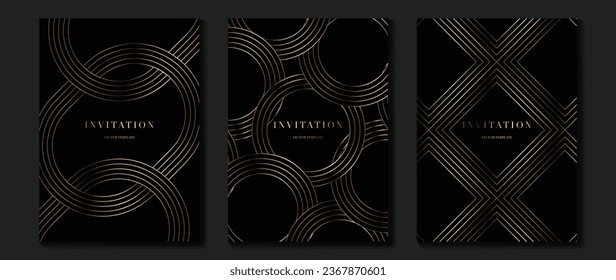 Luxury invitation card background vector. Golden elegant geometric pattern, gold line on dark background. Premium design illustration for wedding and vip cover template, grand opening.