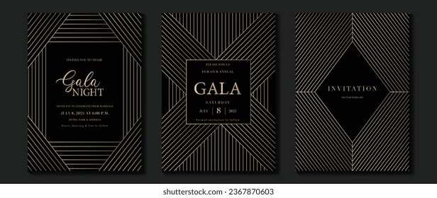 Vector de fondo de tarjeta de invitación de lujo. Patrón geométrico elegante dorado, línea dorada sobre fondo oscuro. Ilustración de diseño premium para la plantilla de portada de bodas y vip, gran abertura.