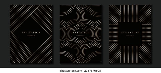 Luxury invitation card background vector. Golden elegant geometric pattern, gold line on dark background. Premium design illustration for wedding and vip cover template, grand opening.