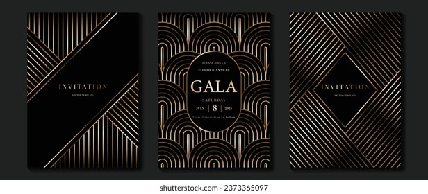 Luxury invitation card background vector. Golden elegant geometric pattern, gradient gold line on dark background. Premium design illustration for wedding and vip cover template, grand opening, gala.