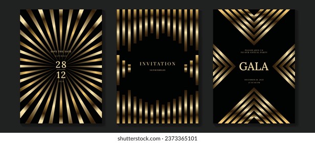 Luxury invitation card background vector. Golden elegant geometric pattern, gradient gold line on dark background. Premium design illustration for wedding and vip cover template, grand opening, gala.