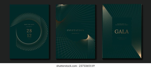 Luxury invitation card background vector. Golden elegant geometric pattern, gold line on dark green background. Premium design illustration for wedding and vip cover template, grand opening, gala.