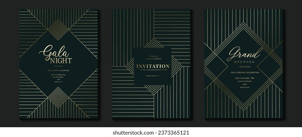 Luxury invitation card background vector. Golden elegant geometric pattern, gold line on dark blue background. Premium design illustration for wedding and vip cover template, grand opening, gala.