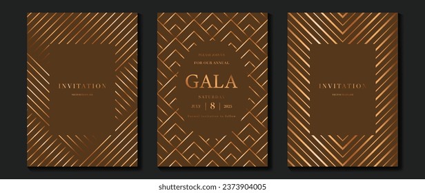 Luxury invitation card background vector. Golden elegant geometric shape, gold lines gradient on brown background. Premium design illustration for gala card, grand opening, party invitation, wedding.
